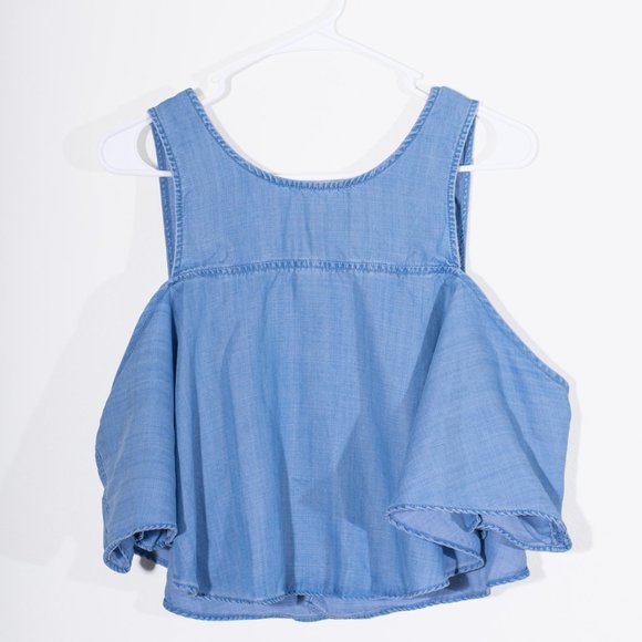 Guess A-Line Ruffle Off The Shoulder Chambray Top Color: Blue Size: M - Picture 2 of 9